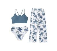 Maillot de bain 3 pièces pour fille - Confortable - Avec imprimé floral tropical - Avec pantalon - Décontracté - Léger - Pour l'été - Classique - Pour la plage, la piscine, Bleu ciel (01)., 14-15 ans