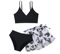 Maillot de bain 3 pièces pour fille et adolescente - Avec bikini de sport réglable et élégant - Couleur unie - Motif floral - Jupe pour 7 à 16 ans