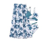 Maillot de Bain 3 pièces pour Fille imprimé Feuilles Ensemble Bikini avec Slip ajusté Tenue de Plage élégante pour Enfant vêtement de Natation Confortable et Tendance (Blue, 9-10 Years)