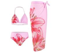 Maillot de bain 3 pièces pour fille - Joli haut de bikini triangle rembourré - Dos nu avec slip de bain et jupe cache-maillot de bain - Imprimé floral - Pour l'été et la plage - 7 à 12 ans, rose, 9-10