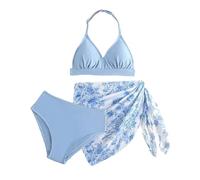 Maillot de bain 3 pièces pour fille - Joli haut de bikini triangle rembourré - Dos nu avec slip de bain et jupe à imprimé floral - Pour l'été et la plage - 7 à 12 ans, bleu, 10-11 ans