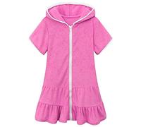 Maillot de bain à capuche en tissu éponge avec fermeture éclair - Manches courtes - Volants - Serviette de plage douce, rose vif, 4-5 ans