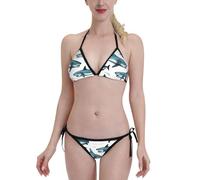 Maillot De Bain À Cordon Femme 2 Pieces Motif Requin avec Différents Gestes Imprimés Bikini Triangle À Ficelles Elégant Halter Swimsuit Rembourré