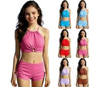 Maillot de Bain ado 2 Pieces Fille Ensemble de Bikinis Sportif Anti UV Tankini uni Haut et Short de Bain été réglable ado 11-16 Ans avec Coques Soutien Gorge Plage Été (Blue, 13-14 Years)