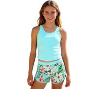 Maillot De Bain Ado Fille 8-14 Ans Ensemble 3 Pièces Haut Tankini Bretelles Réglables et Slip Short Imprimé Palmier Adolescente Natation Piscine Entraînement Sport Plage Été