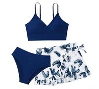 Maillot De Bain Ado Fille Été Ensemble Bikini 3 Pièces Hauts De Maillots Et Bas DeTanga avec Jupe Vêtements Volants Adolescente pour Natation Piscine Plage Vacance (X-1-Dark Blue, 14-15 Years)
