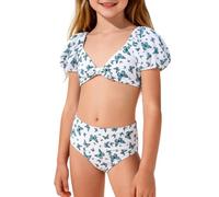 Maillot de Bain Bébé Fille Bikini Set Fillette Tankini Ensemble Crop Top à Volants et Culottes Swimwear Maillots de Bain 2 Pièces pour Filles, Imprimé Mignon, pour la Plage (White, 150)