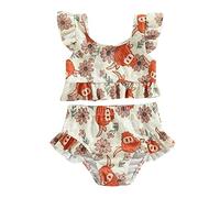 Maillot de Bain Bébé Fille Bikini Set Imprimé Soleil Crop Top à Bretelles et Culottes à Volants Ensemle 2 Pièces Costume d'Eté pour Natation Plage Piscine Vacances (Abricot, 2-3 Ans)