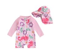 Maillot de Bain bébé Fille Combinaison Une pièce avec Chapeau de Soleil Manches Longues Fermeture éclair UPF 50+ Maillot de Bain Fille Rash Guard Maillot de Bain Zip Up (Rose-B, 6-12 Months)