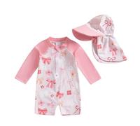 Maillot de Bain bébé Fille Combinaison Une pièce avec Chapeau de Soleil Manches Longues Fermeture éclair UPF 50+ Maillot de Bain Fille Rash Guard Maillot de Bain Zip Up (Rose-K, 3-6 Months)