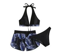 Maillot de bain bikini 3 pièces pour femme - Imprimé feuille de palmier - Soutien-gorge suspendu avec short triangle - Violet - M