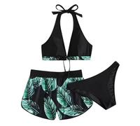 Maillot de bain bikini 3 pièces pour femme - Imprimé feuilles de palmier - Soutien-gorge à col suspendu avec short triangle - Vert - M