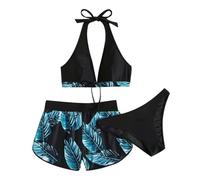 Maillot de bain bikini 3 pièces pour femme - Imprimé feuilles de palmier - Soutien-gorge suspendu avec short triangle - Bleu - M