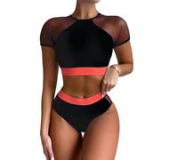 Maillot de Bain de Bandeau en Maille Taille Haute en Maille à Manches Courtes Crop Top Set Mock Neck Bikini Set Maillot Bain