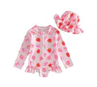Maillot De Bain D'été pour Petite Fille Adorable Maillot De Bain Anti-UV À Manches Longues Et Col Rond Imprimé Fraises avec Nœud Livré avec Un Chapeau Combianison Plage (Rose, 12-18 Months)