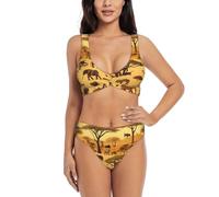Maillot de bain deux pièces à col en V pour femme Imprimé animaux de prairie africaine pour plage et piscine, noir, Taille XL