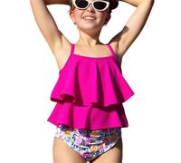 Maillot de Bain Deux pièces Bikini pour Adolescentes et Jeunes Filles, avec Tankini à imprimé Floral et Bordure à Volants.