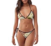 Maillot de bain deux pièces coloré imprimé carte des Amériques tendance pour femme Maillot de bain souple pour la plage s'adapte à différents types de corps, Noir/blanc, L