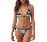 Maillot de Bain Deux pièces imprimé Terrain de Baseball pour Femme, Haut Triangle à Licou et Bas noué sur Le côté