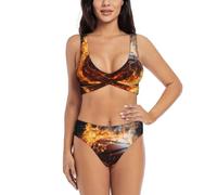Maillot de bain deux pièces pour femme avec imprimé de flamme et de basket-ball sur le feu et l'eau - Maillot de bain deux pièces pour la plage et la piscine, noir, X-Large