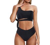 Maillot de bain deux pièces pour femme et fille - Bikinis à lacets tendance - Maillot de bain une épaule - Imprimé léopard, Noir , XXL