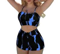 Maillot de bain deux pièces pour femme - Imprimé floral - Taille haute - Short de bain - Ensemble bikinis, bleu, L