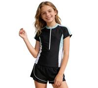 Maillot de Bain Deux pièces pour Grandes Filles 8-15 Ans, Maillot de Bain à Manches Courtes Rashguard avec Short de Bain d'été