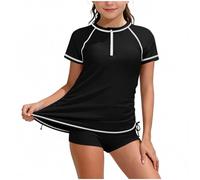 Maillot de bain deux pièces pour grandes filles UPF 50+ 7-16 ans, maillot de bain à manches courtes rashguard avec short de bain d'été, A117 Noir, 13-14 ans