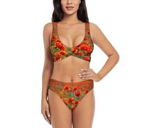 Maillot de bain deux pièces taille haute imprimé fleurs de coquelicot pour femme, bikini triangle à coupe haute, Noir , XL