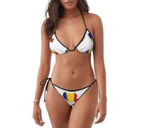 Maillot de bain deux pièces triangle imprimé carte drapeau de la Roumanie Femmes String Bikini Set Halter Side Tie Two Piece Swimsuit Triangle Bathing Suits688, Noir , M