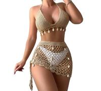 Maillot de Bain en Crochet pour Femmes, 2 pièces, Coquillages, col Licou, Haut de Bikini et ajouré, Taille Haute, Ensemble Jupe de Plage