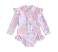 Maillot de Bain Enfant Bébé Fille Anti-UV Combinaison de Natation Réversible à Manches Longues Maillots 1 Pièce de Bain Piscine Plage (Rose Volants, 9-12 Months)