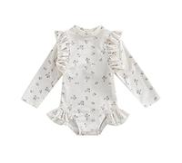 Maillot de Bain Enfant Bébé Fille Anti-UV Combinaison de Natation Réversible à Manches Longues Maillots 1 Pièce de Bain Piscine Plage (Beige Floral, 3-4 Years)