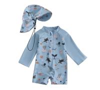 Maillot de Bain Enfant Bébé Garçon de 2 Pièces Anti-UV, Combinaison Zippé à Manches Longues Imprimé + Chapeau à Large Bord Maillot de Bain Bébé Garçon Maillots de Bain Fille