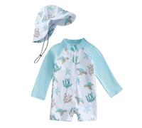 Maillot de Bain Enfant Bébé Garçon de 2 Pièces Anti-UV, Combinaison Zippé à Manches Longues Imprimé + Chapeau à Large Bord Maillot de Bain Bébé Garçon Maillots de Bain Fille Natation Plage Piscine