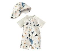 Maillot de Bain Enfant Bébé Garçon de 2 Pièces Anti-UV, Combinaison Zippé à Manches Longues Imprimé + Chapeau à Large Bord #F324