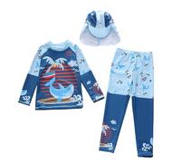 Maillot de Bain Enfant Bébé Garçon de 3 Pièces, Haut Zippé Imprimé Cartoon à Manches Longues + Culotte de Bain + Chapeau pour Garçons et Filles, pour la Plage, Piscine et Surf (Light Blue, 5-6 Years)