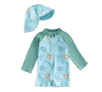 Maillot de Bain Enfant Bébé Garçon Fille de 2 Pièces Anti-UV Combinaison Zippé à Manches Longues Imprimés d'animaux Marins + Chapeau à Large Bord pour Bebe Garçon Fille (3-Light Green, 6-12 Months)