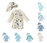 Maillot de Bain Enfant Bébé Garçon Fille de 2 Pièces Anti-UV Combinaison Zippé à Manches Longues Imprimés d'animaux Marins + Chapeau à Large Bord pour Bebe Garçon Fille (01-White, 0-3 Months)