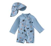 Maillot de Bain Enfant Bébé Garçon Fille de 2 Pièces Anti-UV Combinaison Zippé à Manches Longues Imprimés d'animaux Marins + Chapeau à Large Bord pour Bebe Garçon Fille (1-Grey, 6-12 Months)