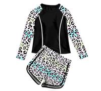 Maillot De Bain Enfant Fille 2 Pieces Shorty 2-13 Ans Maillots Deux Pièces Rashguard Manche Longue Et Shorts De Bain Ado Fille Imprimé Léopard Plage Océan Piscine Natation (Black, 8-9 Years)