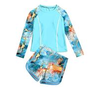 Maillot De Bain Enfant Fille 2 Pieces Shorty 2-13 Ans Maillots Deux Pièces Rashguard Manche Longue Et Shorts De Bain Ado Fille Imprimé Léopard Plage Océan Piscine Natation (Blue, 10-11 Years)