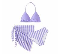 Maillot De Bain Enfant Fille 6-12 Ans Ensemble Bikini 3 Pieces Fille Maillot De Bain avec Paréo col HHalter à Rayures Chic Pas Cher Sport Natation Piscine Plage Vacances (Purple, 8-9 Years)