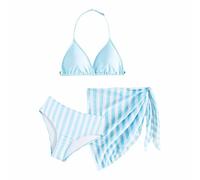 Maillot De Bain Enfant Fille 6-12 Ans Ensemble Bikini 3 Pieces Fille Maillot De Bain avec Paréo col HHalter à Rayures Chic Pas Cher Sport Natation Piscine Plage Vacances (Blue, 9-10 Years)