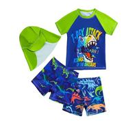 Maillot De Bain Enfant Garcon 2-7 Ans Dinosaure Ensemble 4 Pieces Maillot De Bain Anti UV Tankini Rashguards Manche Courte Et 2pc Shorty avec Chapeau Plage Sport Natation Piscine (3-4 Ans, Bleu)