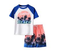 Maillot De Bain Enfant Garcon,Maillot De Bain Deux PièCes pour GarçOn Manches Courtes Et Short De Plage à Imprimé Arbre LM Maillots De Bain à SéChage Rapide pour Tout-Petits Et Enfants (7 à 12 Ans)