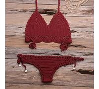 Maillot De Bain Ensemble De Bikini Sexy Ensembles De Lingerie Sexy Ensemble De Bikini Tricoté Femmes Maillot De Bain Au Crochet Beach-Wine_Red_M