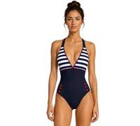 Maillot de Bain Femme 1 Pièce Marine Rayé Décolleté V Boutons Rouges | ESPRIT MARIN - Association intemporelle bleu marine, blanc et rouge.