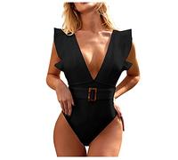 Maillot de Bain Femme 1 Pièce Monokini Swimsuit avec Ceinture Col en V Swimwear à Volants Amincissant Une Pièce Swimsuit de Couleur Unie de Vacances de Plage de Piscine (Noir,M)