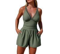 Maillot de Bain Femme 1 Pièce Shorty Athlétique Maillots Une Pièce Unie Combishort De Bains Gainant V Col Bikini Sport Push Up avec Poches Amincissant Monokini pour Plage Piscine Vacances